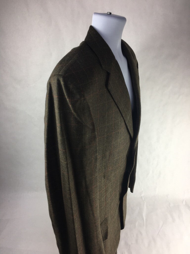 Faconnable Mens Suit Jacket Brown Windowpane Notch Lapel Wool Blend 54 US 44