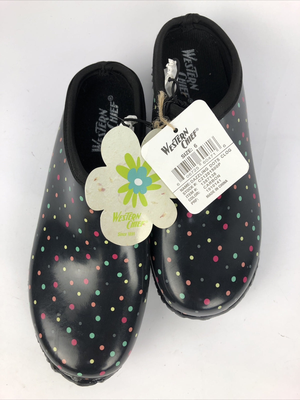 Western Chief Womens Black Dazzling Polka Dots Garden Clog Shoe Rubber Size 6