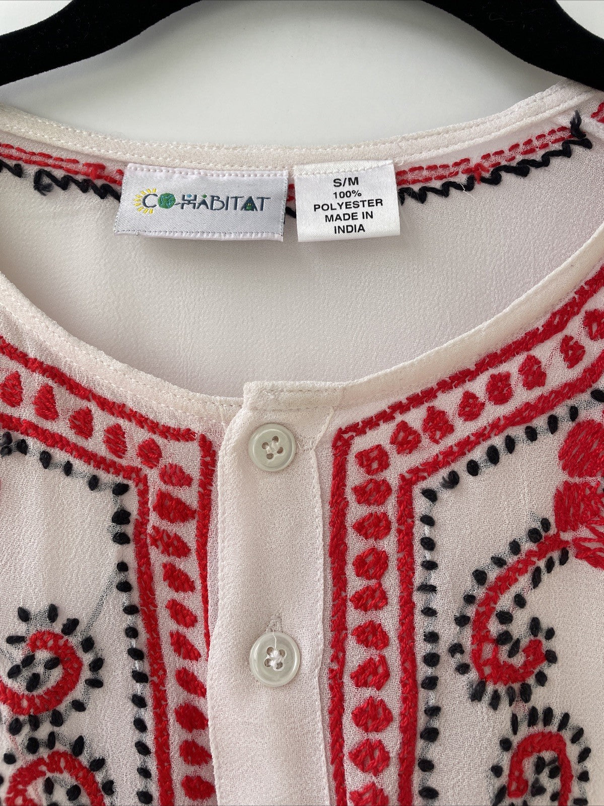 CoHabitat Linen Hand Embroidered Sheer Floral Button Front Tunic Top Size S / M