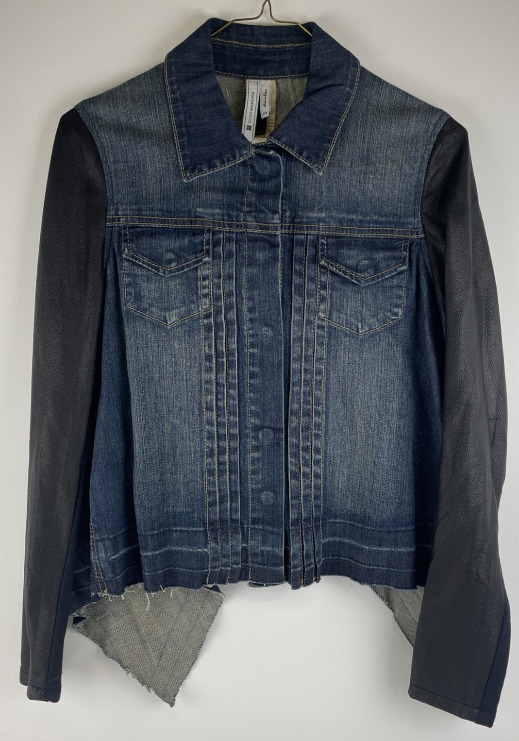 BCBGMAXAZRIA Women's Boe Denim Moto Jacket Faux Leather Dark Wash Size XXS NWT