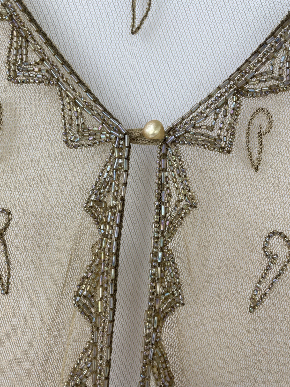 SHIBA Vintage Sheer Mesh Long Sleeve Hand Beaded V Neck Gold Tone Tunic Small