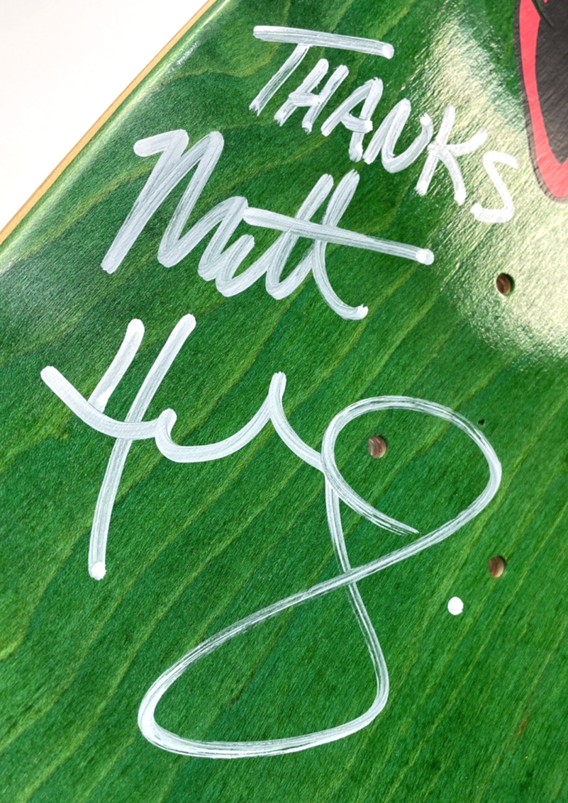 Matt Hensley H-STREET Musical Jester Skateboard Deck Green Stain Signed 32" x 9"
