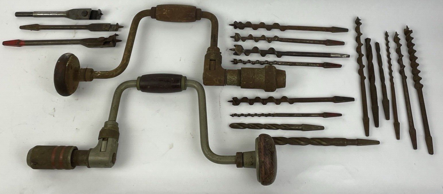 Vintage 2 x Sweep Ratcheting Hand Auger with 17 x Assorted Bits Brace LOT - LOOK