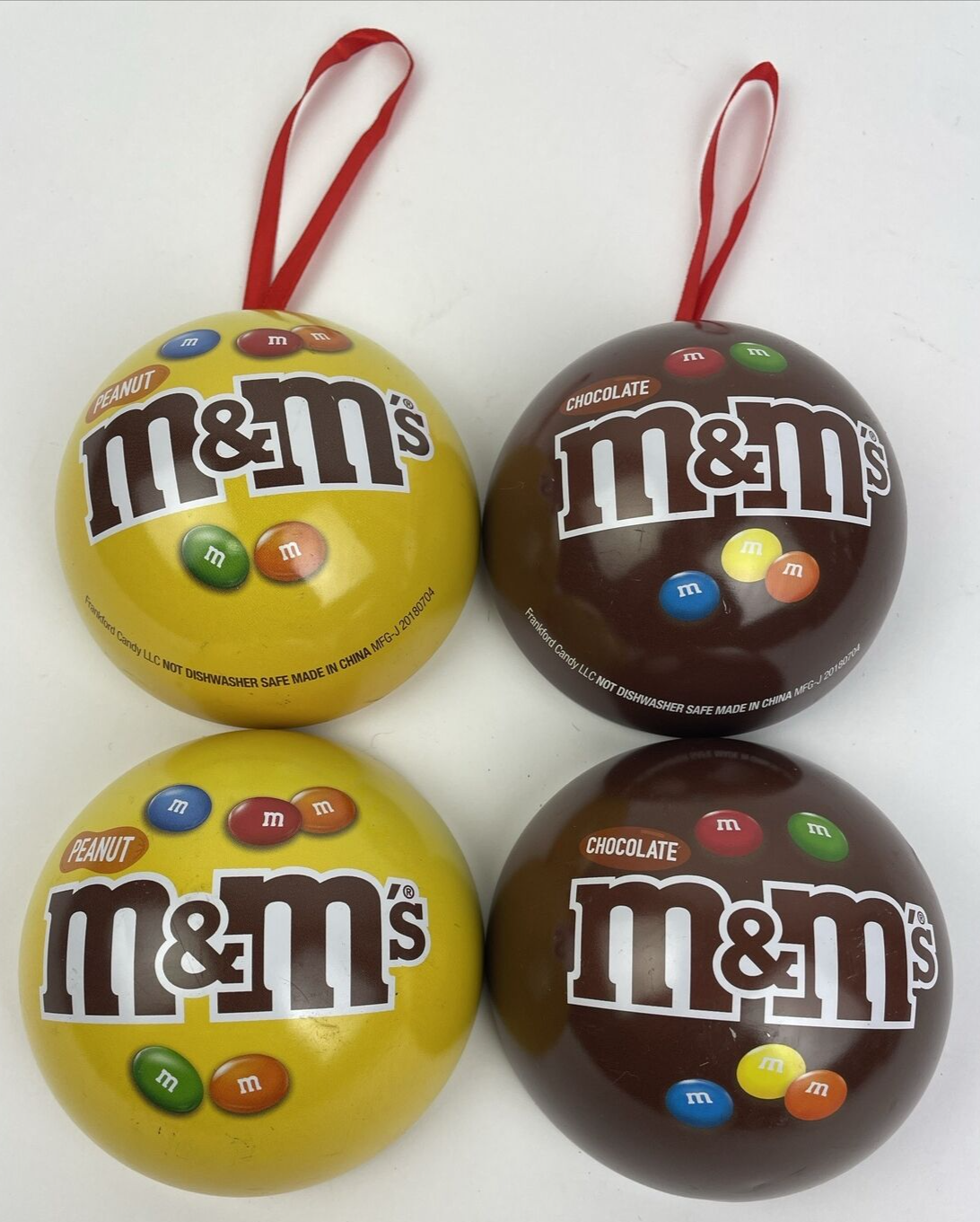 Lot of 2 x M&M Chocolate & Peanut METAL BALL CHRISTMAS ORNAMENT Empty -Rare Find