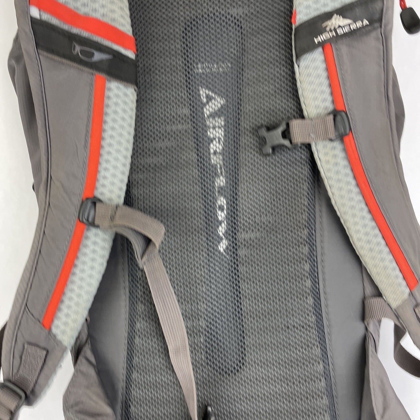 High Sierra Visalia gray hydration backpack with adjustable straps and mesh back panel.