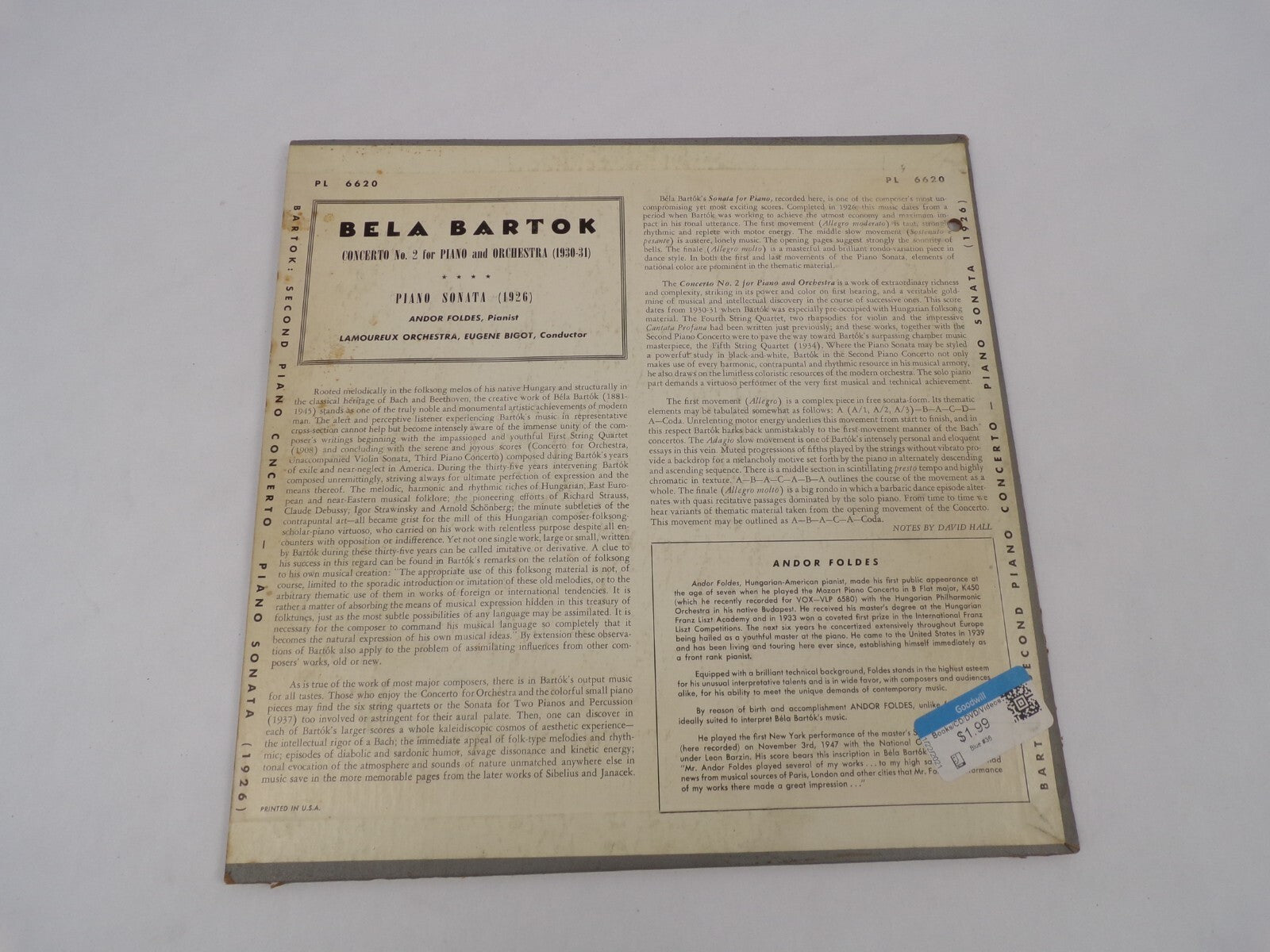 Bela Bartok Second Piano Concerto Allegro Adagio-Prestn-Adagio Vinyl Record