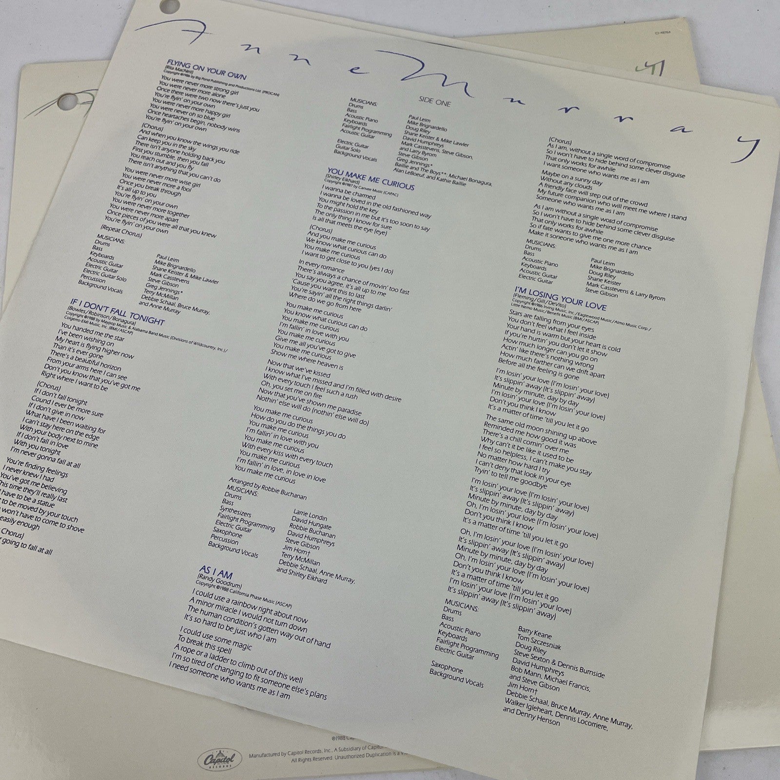 Anne Murray Vinyl LP Album As I Am 1988 R100592 Capitol Records Promo Copy