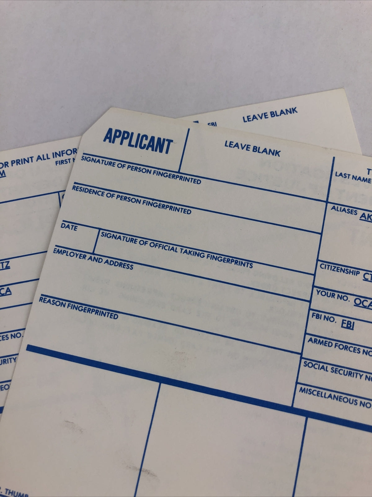 FBI FD-258 Fingerprint Card set of two for federal job applicants - FREE SHIP