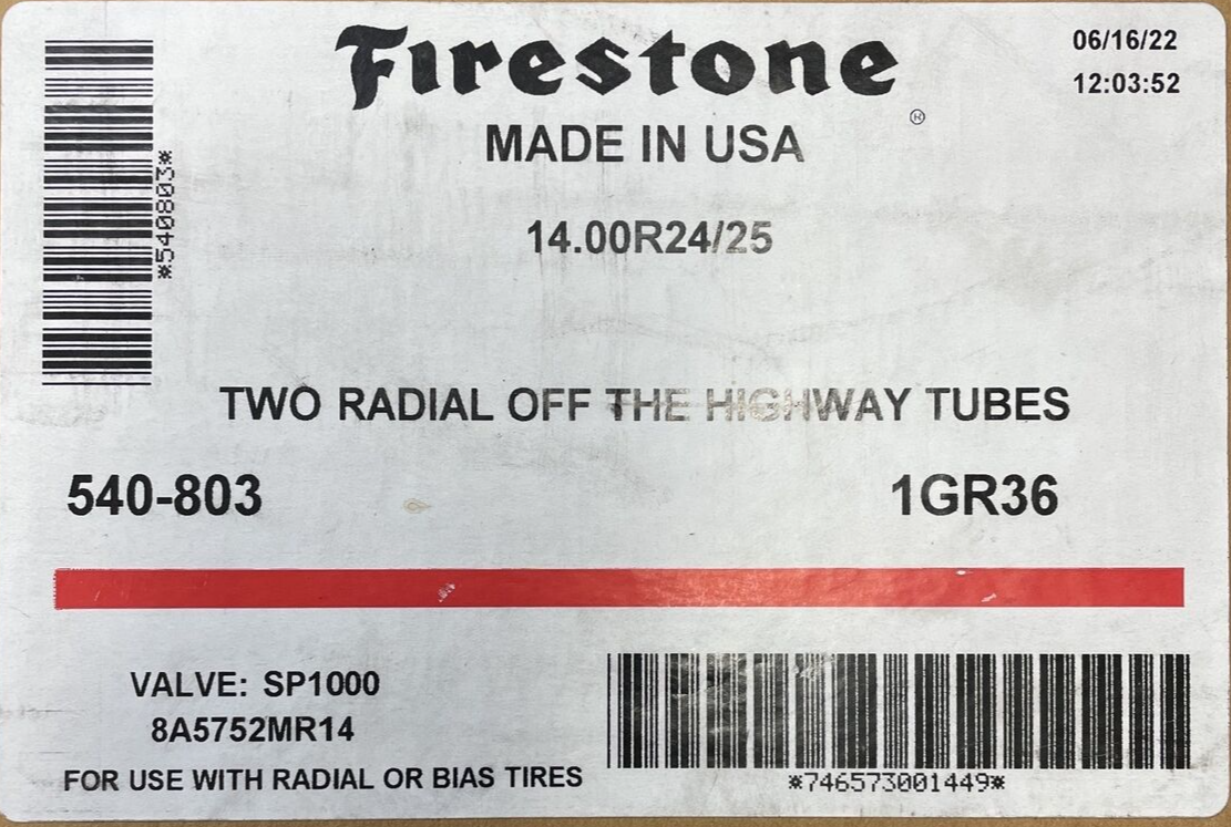 Firestone 14.00R24/25 inner tubes set of 2 SP1000 valve OTR heavy duty
