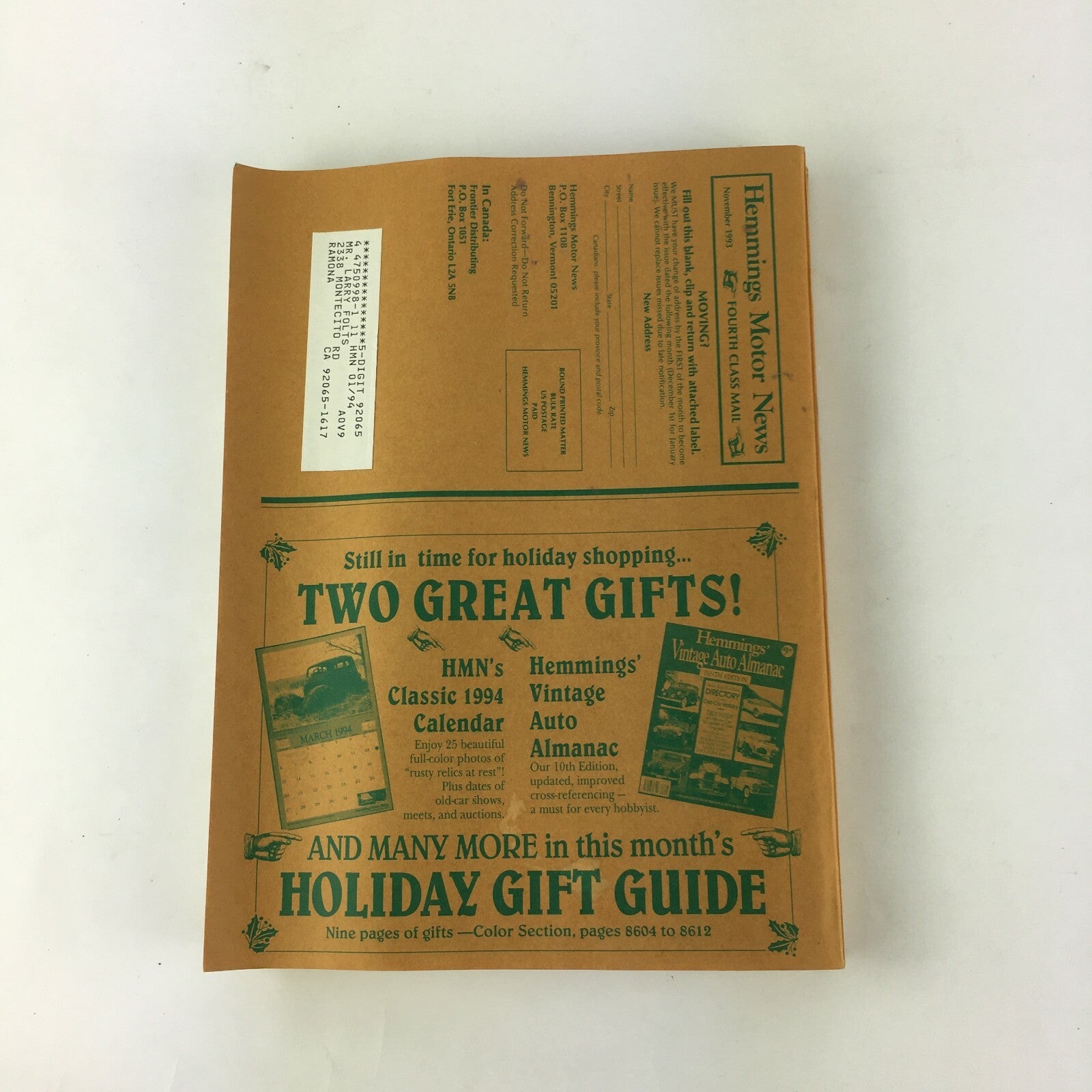 November 1993 Hemmings Motor News Magazine Holiday Card Set HMN Holiday Gift ..