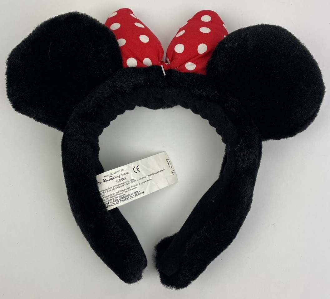 Disney Parks Fuzzy Fluff Minnie Mouse Black Ears Red Polka Dot Bow Ears Headband