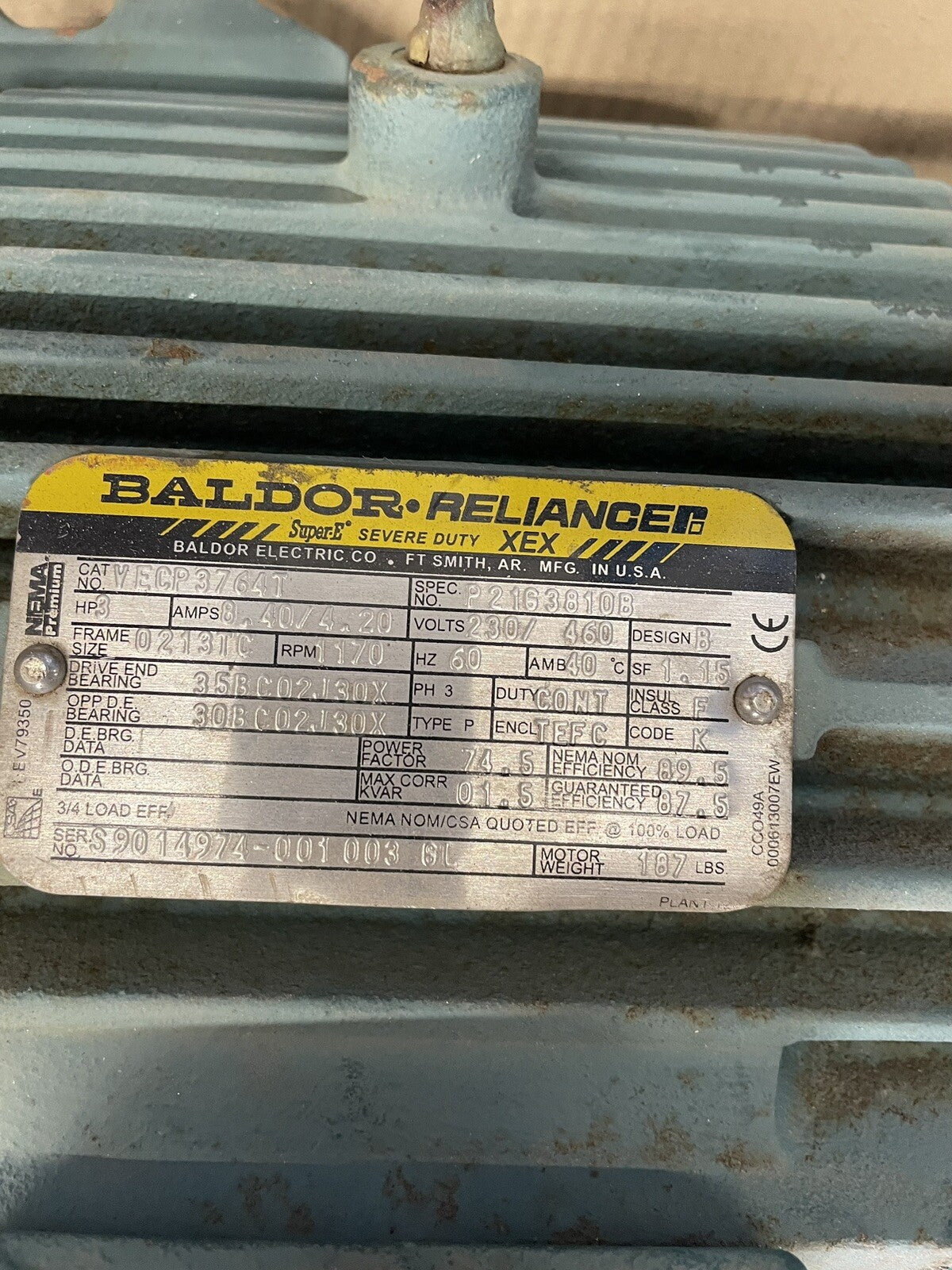 Baldor VECP3764T 3HP, 1165RPM 3PH, 460V 230V 213TC Frame C-Face Flange  motor