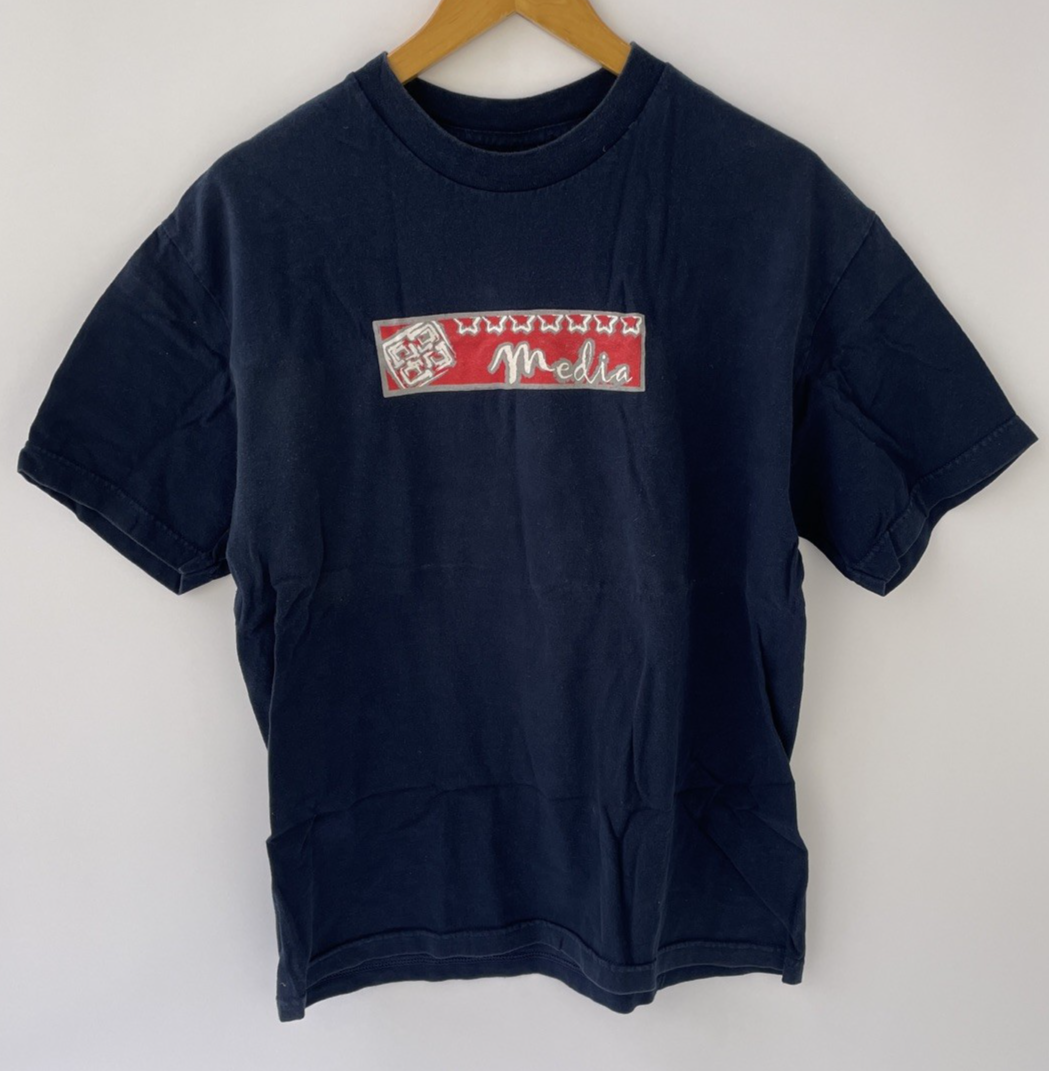 2 x VTG 00s Media Skateboards Logo Y2K Skater Sk8 Blue T Shirt Size Large  RARE