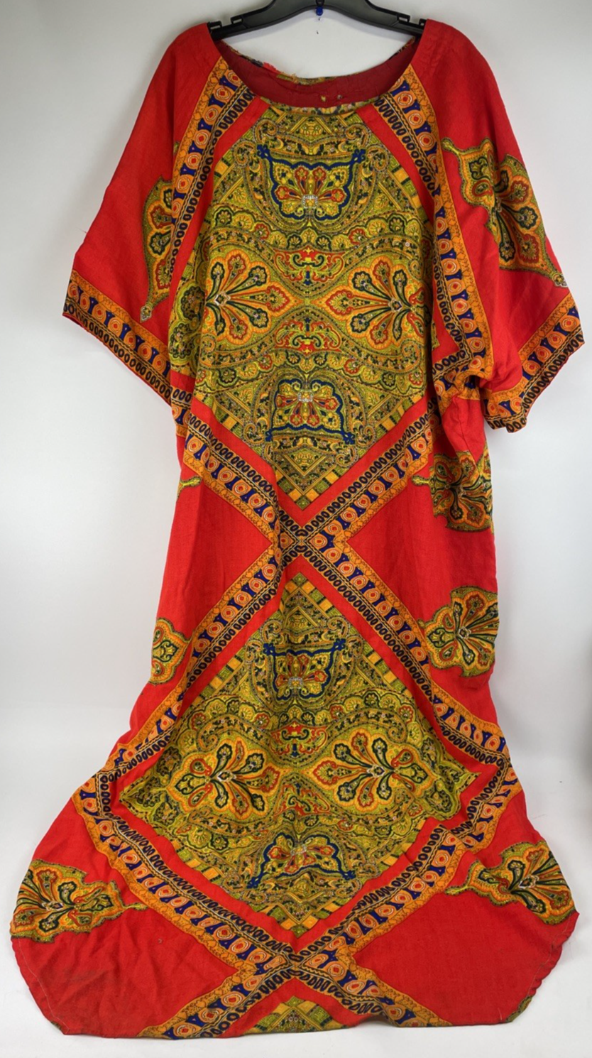 Caftan Kaftan Dress Orange Paisley Medallion Boho India OSFM - LOOK