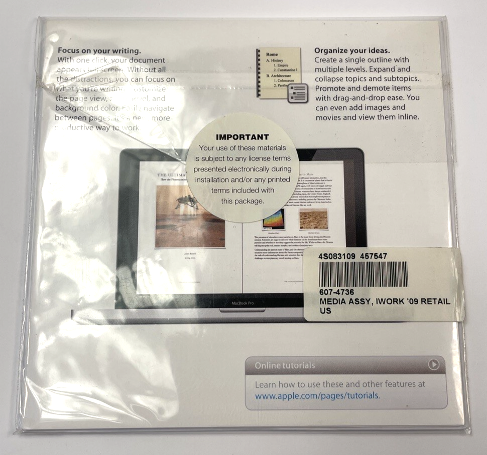 Apple iWork 09 Software v9.0 Install DVD Mac - Sealed NOS