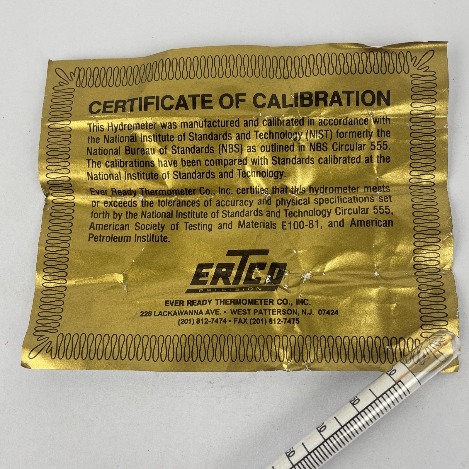 OEM ERTCO  Specific Gravity Hydrometer Temp. .60 - 60F -  Made in the USA