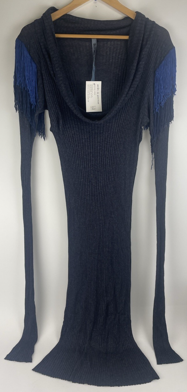 Brian Lichtenberg Y2K Designer Ribbed Knit Maxi Dress w Fringe Shoulder Accents