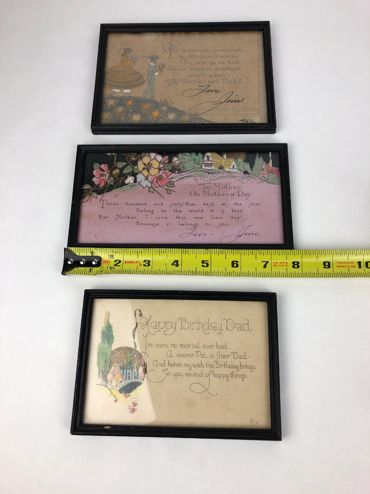 3 Vintage 1930’s American Folk Art Greeting Card Picture Framed RARE Anniversary