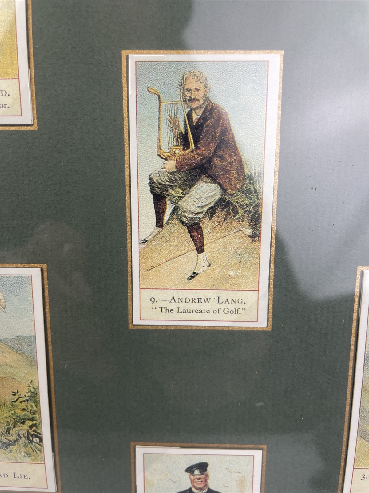 Framed and matted collection of 18 vintage style cigar tobacco golf trading cards with historical information display artwork collectible memorabilia