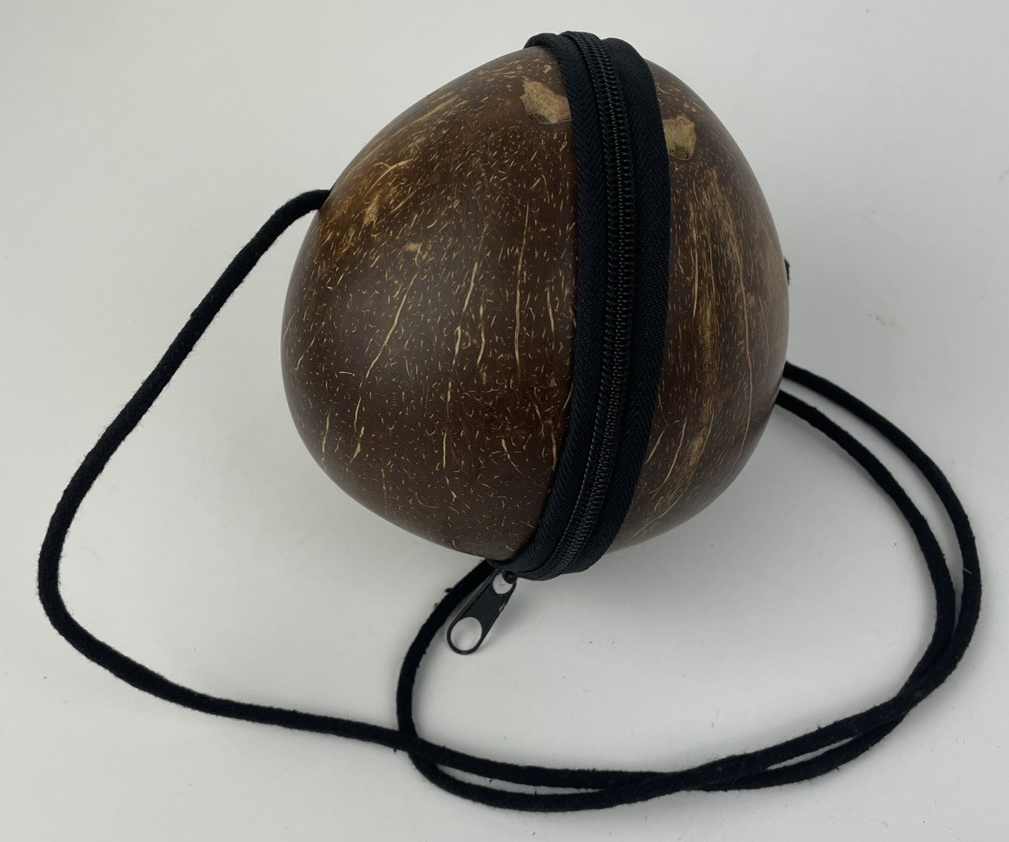 Real Coconut Purse Folk Art Couture Vintage Hand Made with Zippered Closure