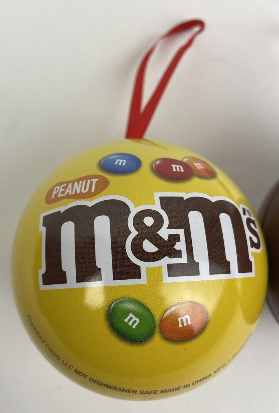 Lot of 2 x M&M Chocolate & Peanut METAL BALL CHRISTMAS ORNAMENT Empty -Rare Find