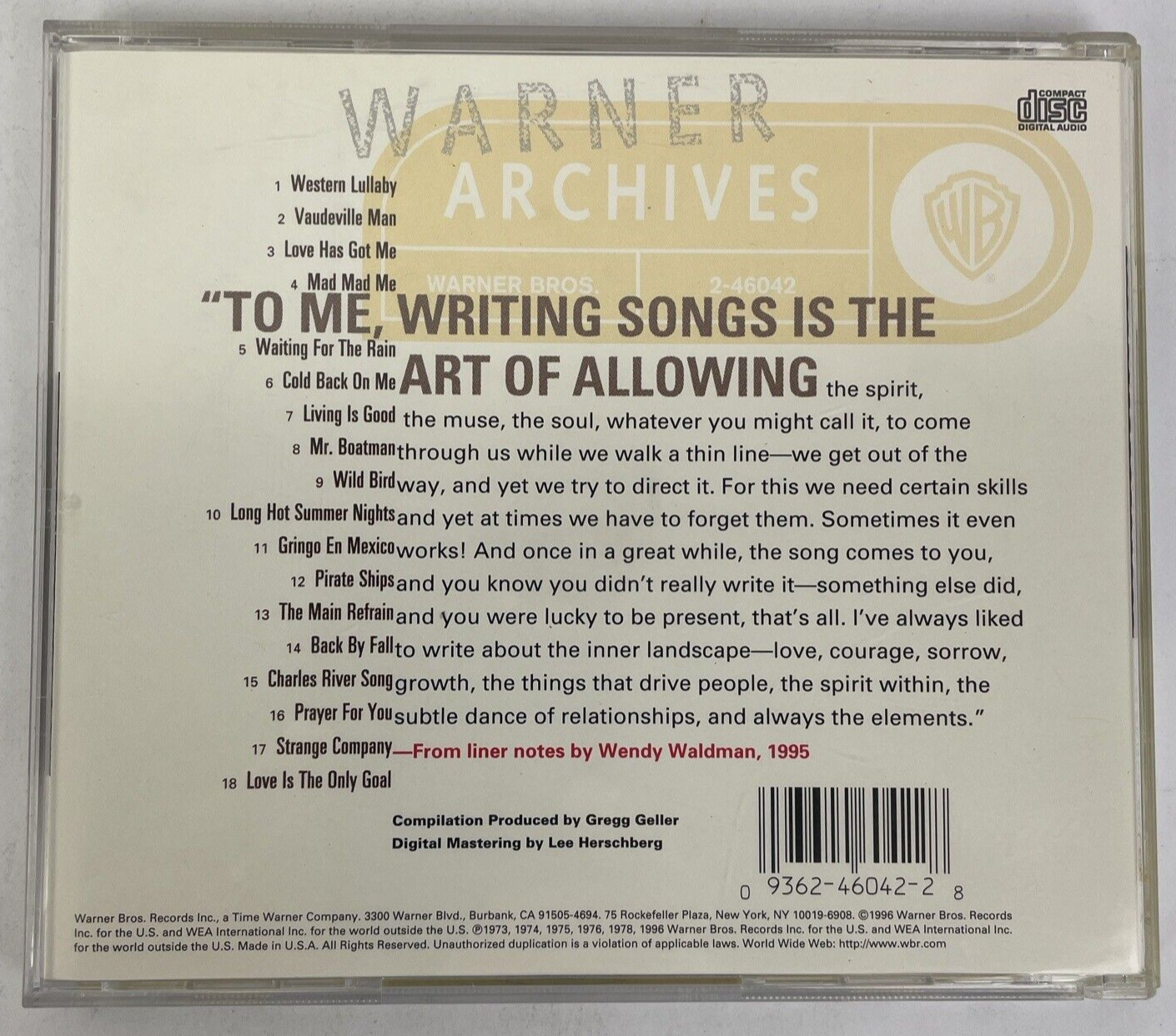 Love Is the Only Goal: The Best of Wendy Waldman (Digital Audio CD, 1996 WB) UVW