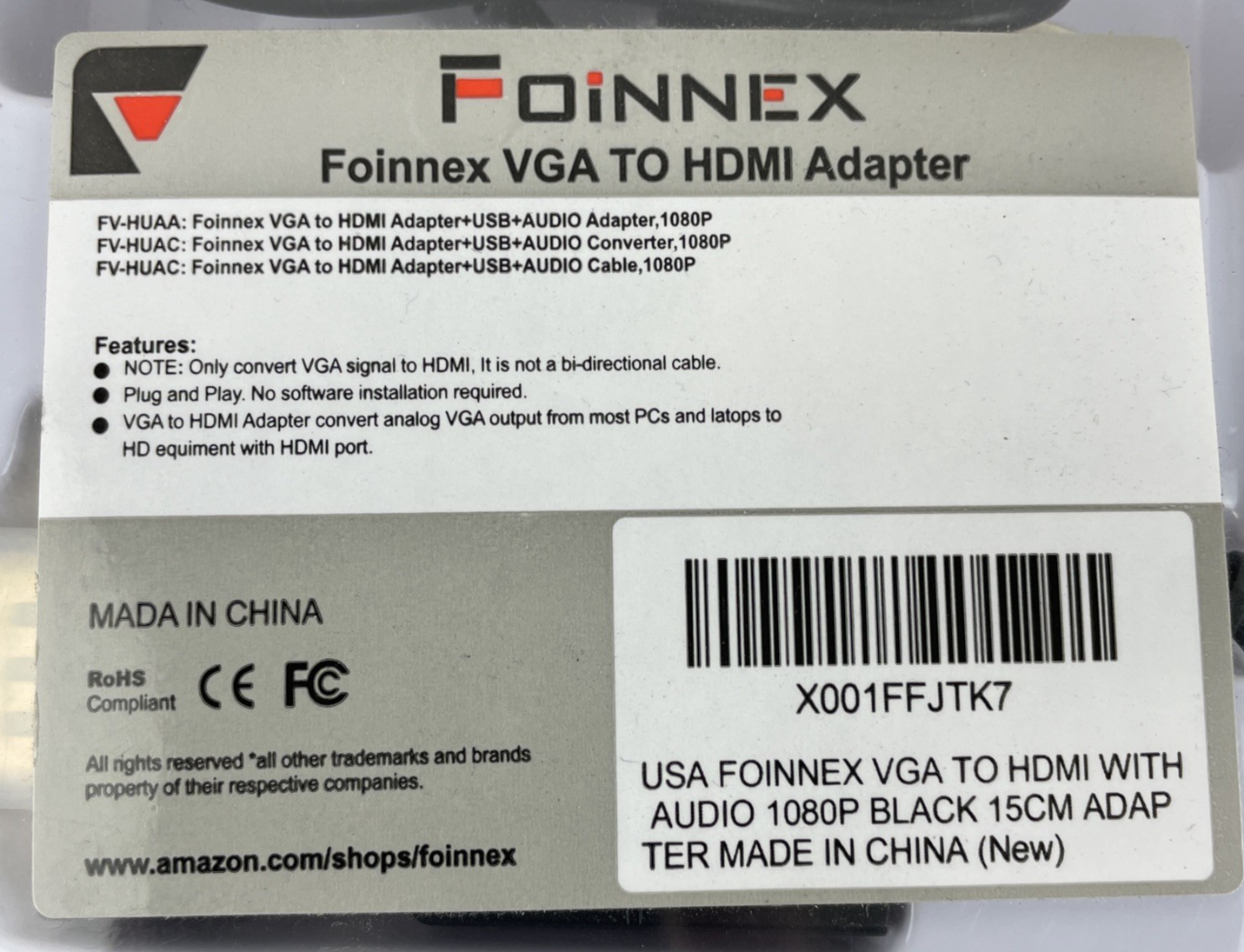 OEM Foinnex VGA To HDMI Adapter Cable With Audio 1080P Black 15CM ADAPTER