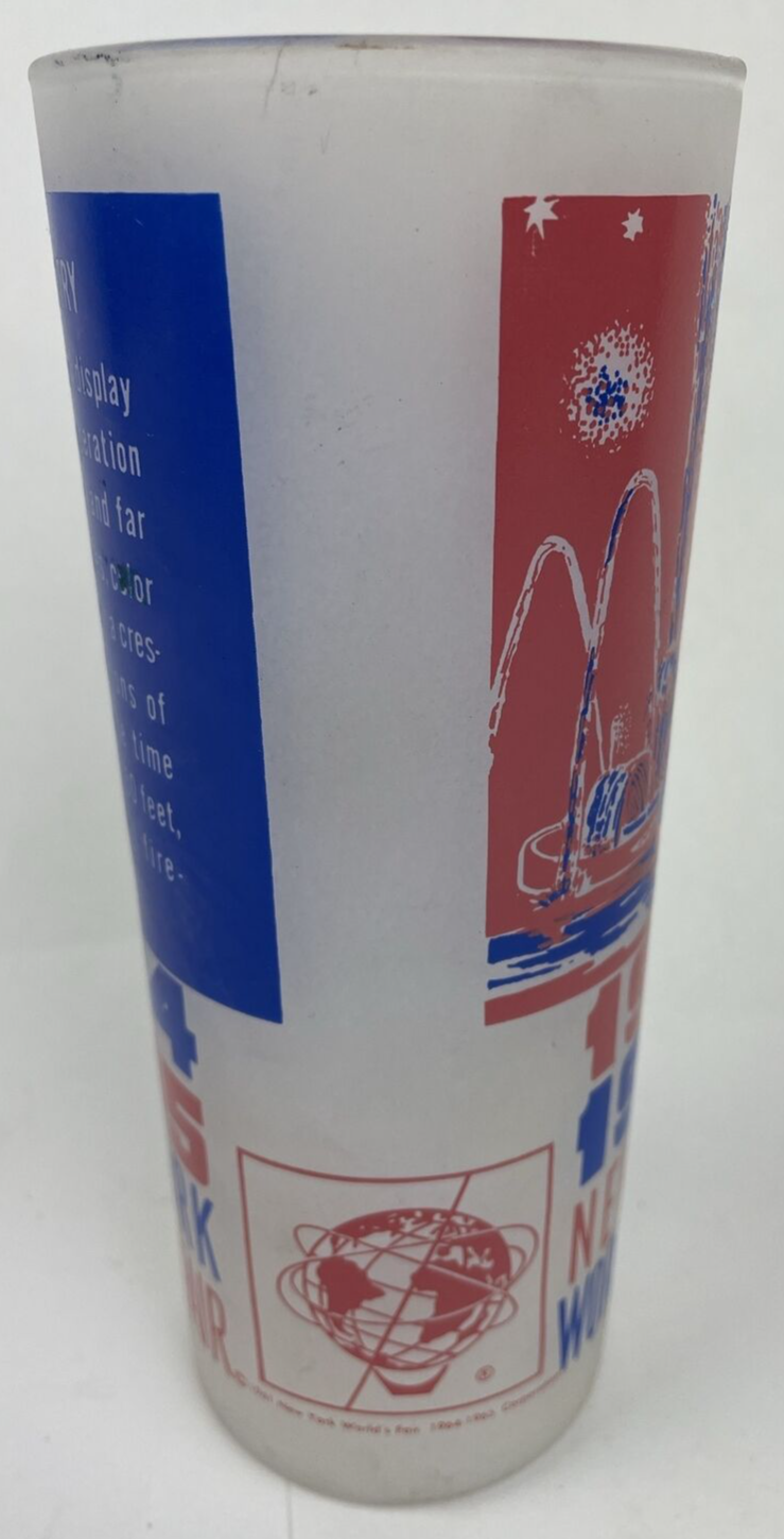 Vintage 1964–1965 New York World's Fair Pool of Industry souvenir glass with red white and blue graphics.