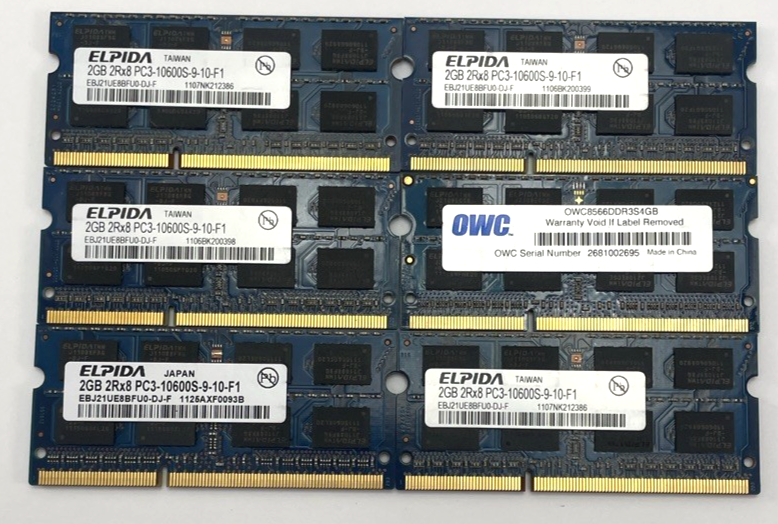 Lot of 6 Elpida 2GB DDR3 Laptop RAM PC3-10600S 1333MHz 2Rx8 SODIMM Memory 12GB