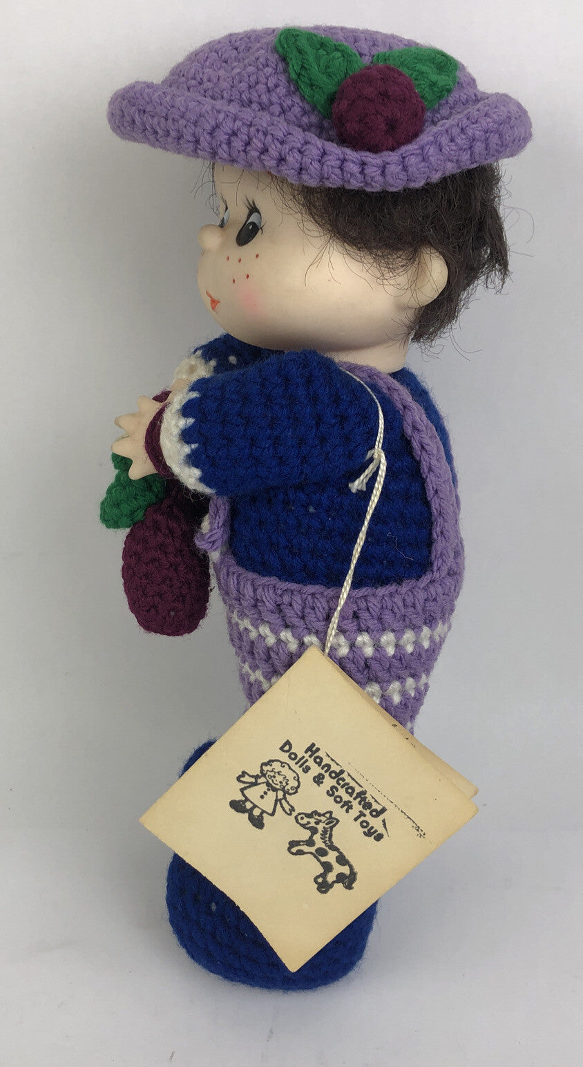 Hand Crafted Crochet Doll w Hat And Purse Knitted Soft Toy 12" " Plumb Pudding "