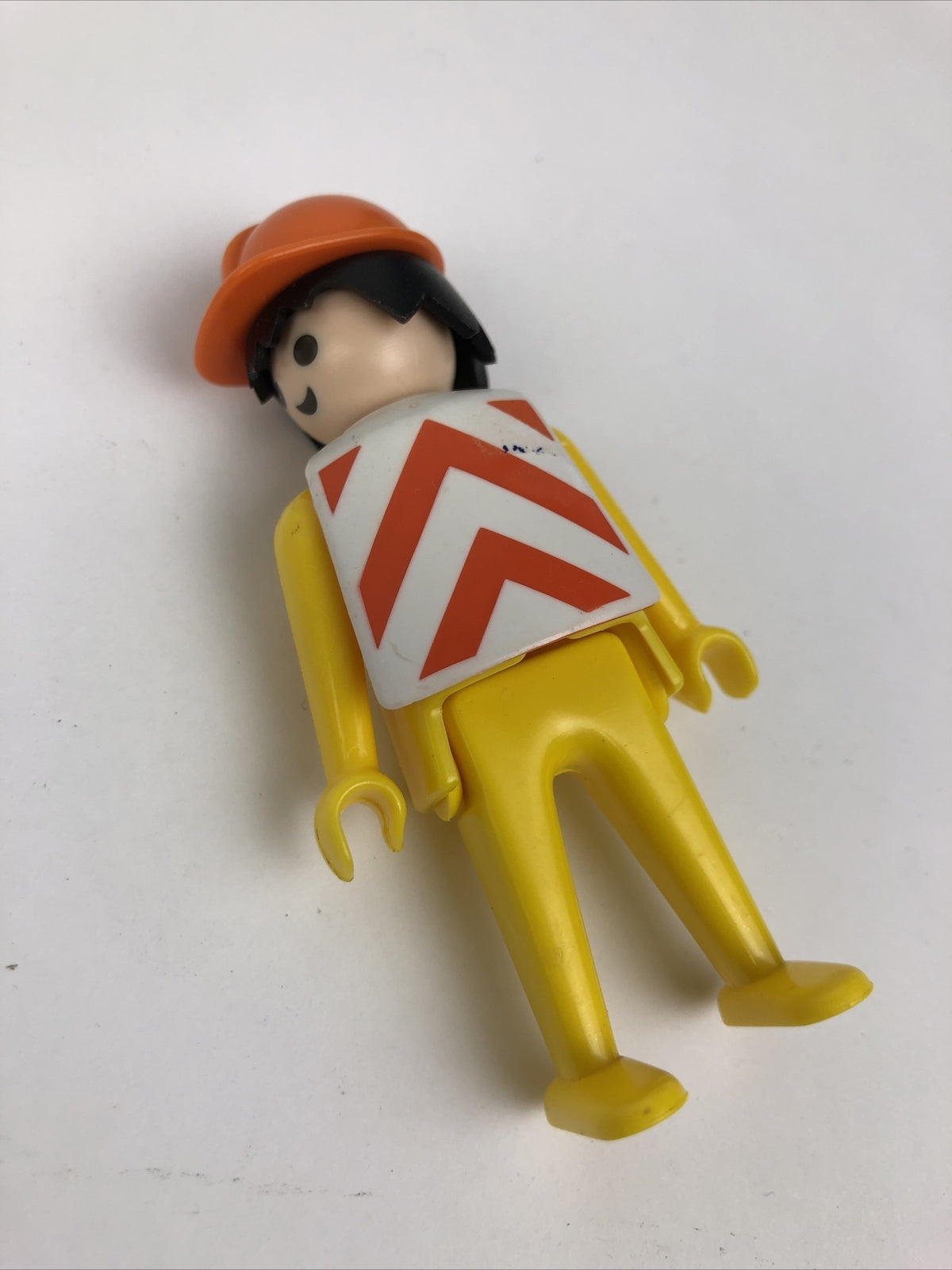 1974 Geobra Playmobill Yellow Clothes Orange Hardhat Black Hair 3" Figure w VEST