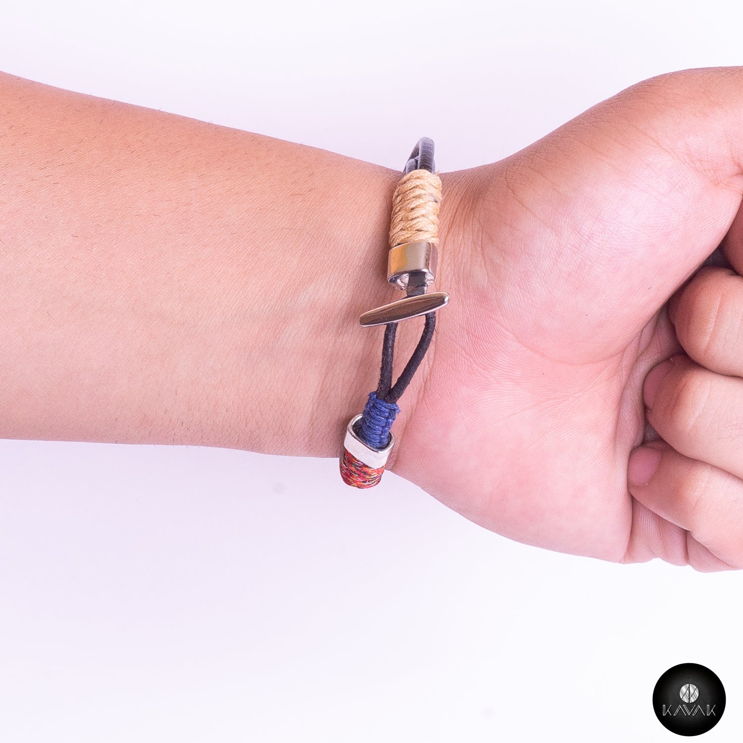 Kavak - Handmade Braided Leather Cords (Blue-White) Adjustable Men's Bracelet 